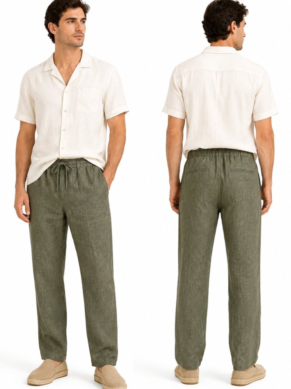 NOHOW Linen Drawstring Casual Pants Men Green Relaxed Straight Leg Size EU 50